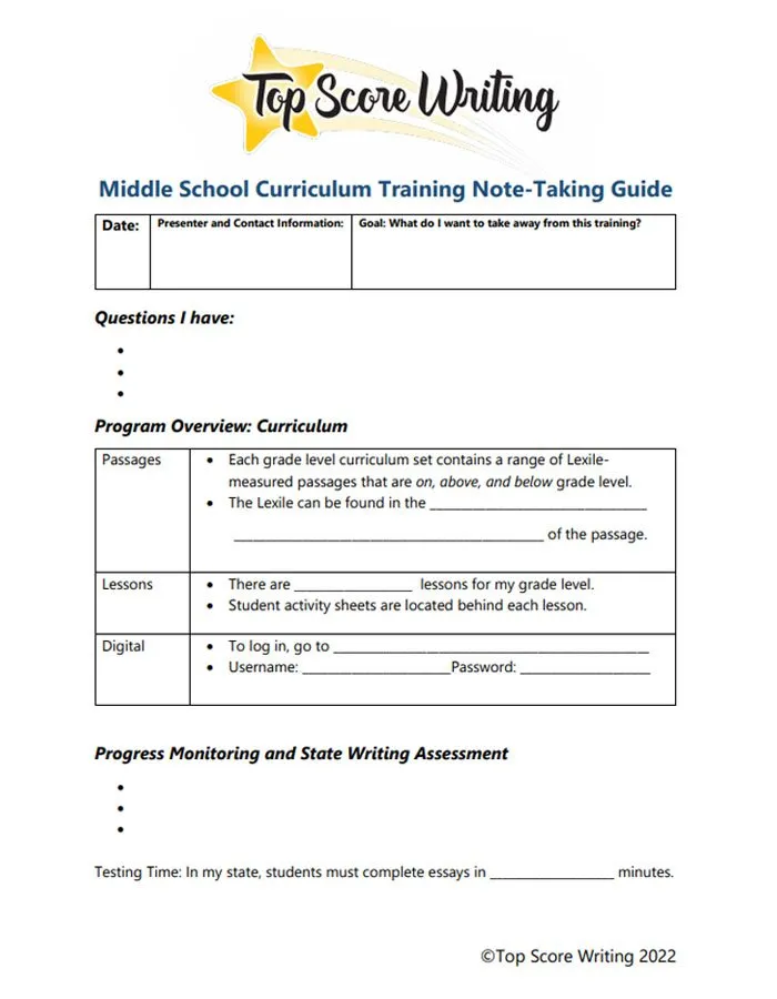 Middle School Curriculum<br>Training Note-Taking Guide