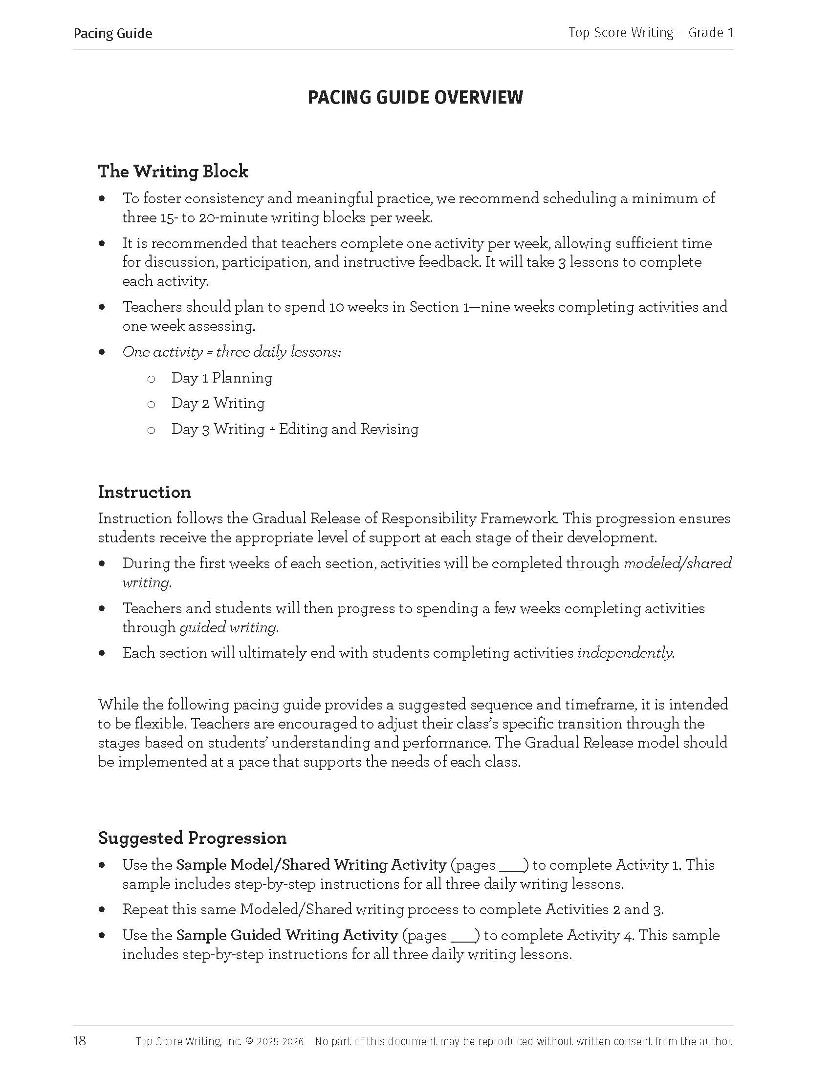Grade 1 Pacing Guide